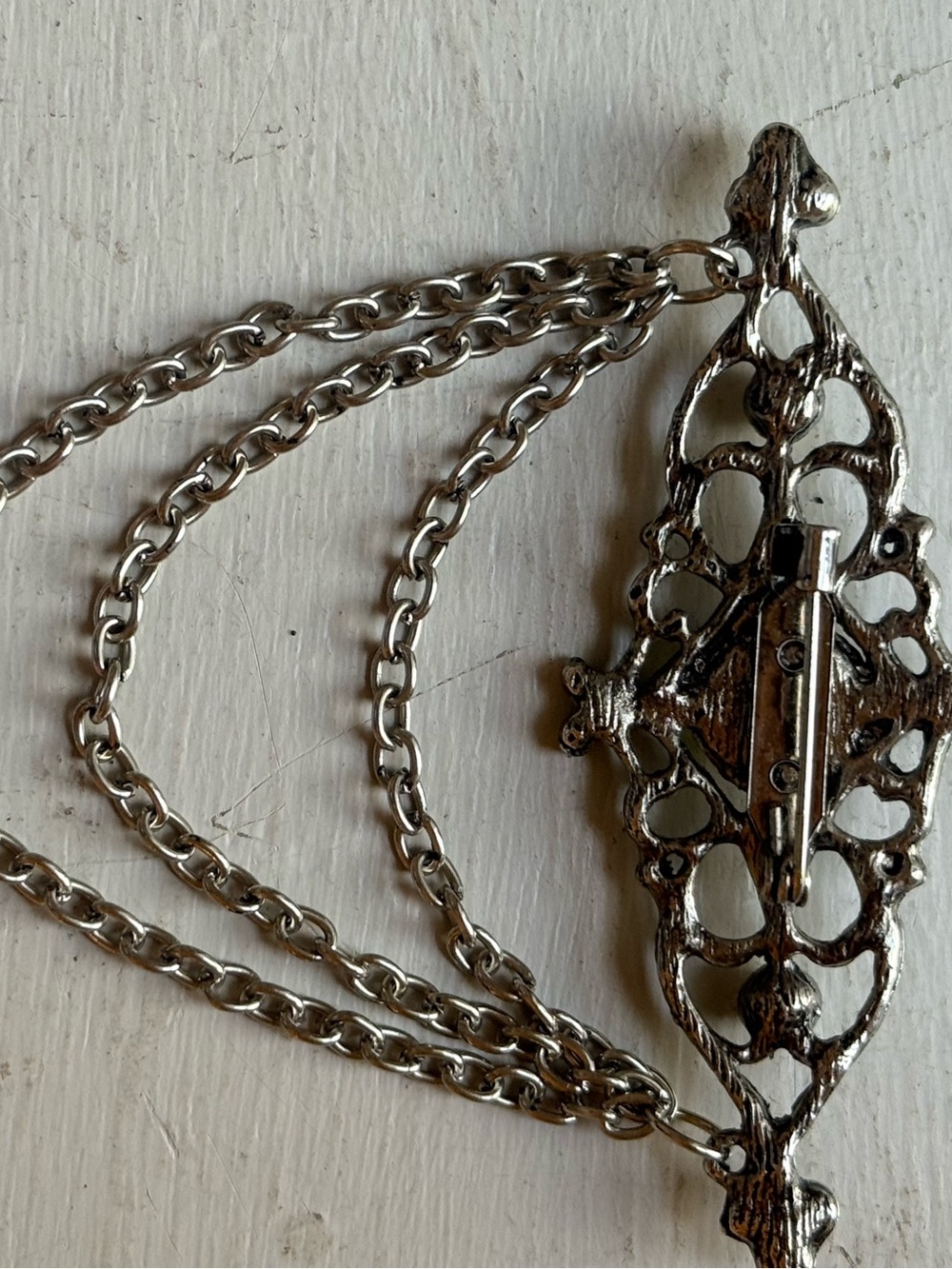 Vtg 1980s Victorian Revival Silver Filigree Brooch Pin Triple Swag Dangle Chain - Picture 9 of 10
